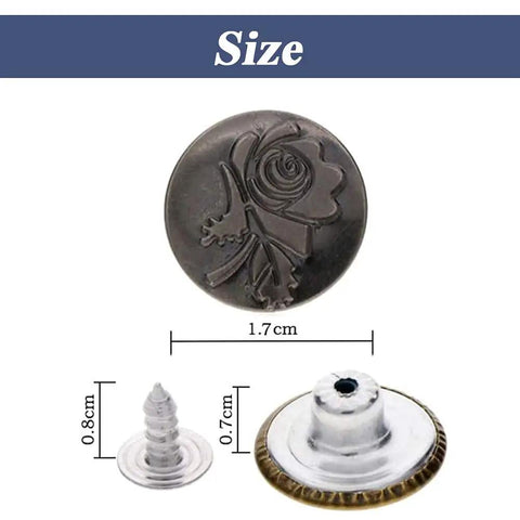 80 Piece Jeans Button Kit With 17mm Metal Snaps In 8 Styles Replacement Set shown with measurements