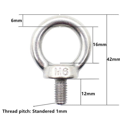 Front view of 10 Pieces M6 Ring Eye Bolts, Heavy Duty Stainless Steel 304, Shoulder Lifting Eye Bolts With 16 Mm Inner Ring, 42 Mm Length