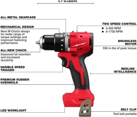 Compact 2-Tool Combo Kit with Brushless Impact Driver and Wrench Boss Gear for Demanding Jobs Epic Shop Essential M18 Cordless System high torque brushless motor drill with variable speed trigger and LED worklight.