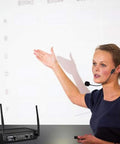 Person using Dual Channel Wireless Microphone System with Dual Frequency Receiver during a presentation