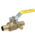 Barb Crimp Pex 3/4 Inch Ball Valve With Drain, brass valve shown with yellow handle for plumbing use
