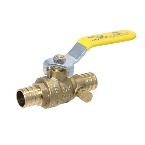 Barb Crimp Pex 3/4 Inch Ball Valve With Drain, brass valve shown with yellow handle for plumbing use