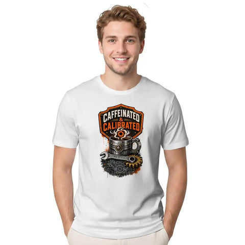 Cool Classic Fit Cotton Tee Featuring A Wrench, Gear, And Blueprint Design Perfect For Garage Mechanics Coffee Lovers And DIY Guys Who Fix Everything. White T-shirt worn by a smiling man with coffee gear graphic.