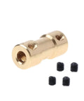 Slick Copper Motor Shaft Coupler Sleeve Adapter with 2mm to 5mm Bore, brass material with four black set screws for DIY projects.