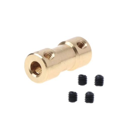 Slick Copper Motor Shaft Coupler Sleeve Adapter with 2mm to 5mm Bore, brass material with four black set screws for DIY projects.