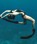 Diver with long blade diving fins for freediving and spearfishing, scuba swimming training gear with replaceable polypropylene blades underwater