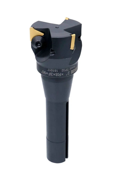 2 Inch Carbide Indexable End Mill With R8 Shank And 3 TPG 322 Inserts For Versatile Metal Milling, Positive Rake 90 Degree Right Hand Cut, 7/16-20 Bridgeport Thread, Ready To Plug And Play In CNC Or Manual Milling Machines