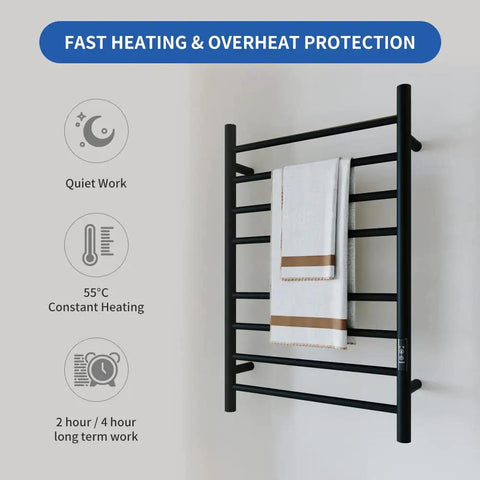 Wall Mounted Heated Towel Rack With Built In Timer And LED Indicator In Matte Black Electric Stainless Steel Towel Warmer