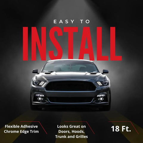 Front view of a gray car on a promotional banner for 18 ft chrome U-channel edge guard trim.