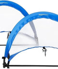 Two Pack Portable Two Point Five Foot Blue Soccer Goals For Kids With Quick Pop Up Setup Ground Stakes And Carrying Bag