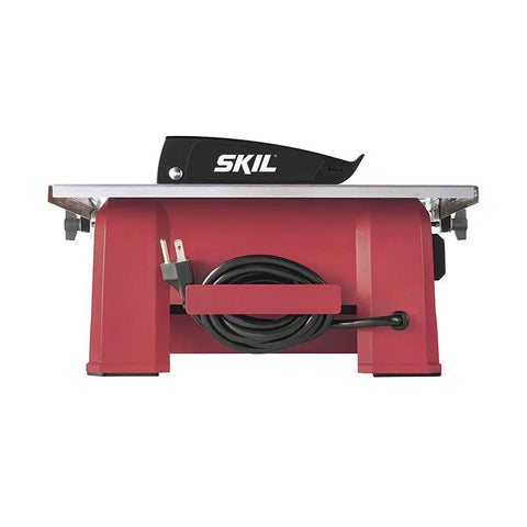 Heavy Hitter 7 Inch Wet Tile Saw With Rust Proof Stainless Top, features red frame with area for cord storage.