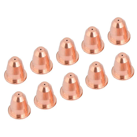 Top Grade Plasma Cutter Tips Set Featuring 10 Electrodes And Nozzles For S25 And S45 Machines showing ten copper nozzles for plasma cutting.