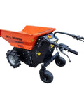 Built Tough Rock Solid Heavy Duty Electric Hydraulic Dump Cart 1100 Lb Workhorse with orange steel bucket and all terrain tires
