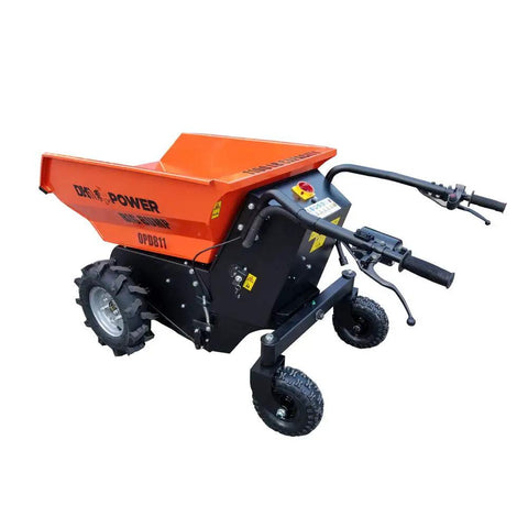 Built Tough Rock Solid Heavy Duty Electric Hydraulic Dump Cart 1100 Lb Workhorse with orange steel bucket and all terrain tires
