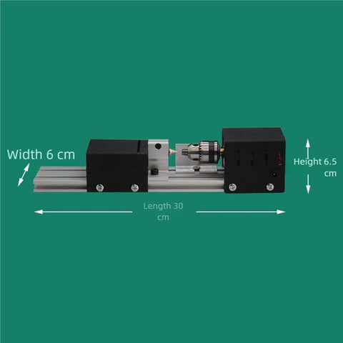 High-Torque Mini Lathe Machine For Wood And Metal With 7-Speed Settings, showing dimensions: length 30cm, width 6cm, height 6.5cm.
