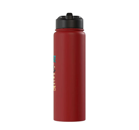 Dinosaur Lacrosse Water Bottle With Insulated Stainless Steel Double Wall Keeps Drinks Hot Or Cold Dishwasher Safe Sweet Gift For Coaches Moms Dads And Players, red side view.