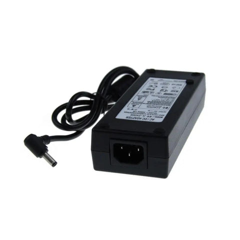 24V DC Power Supply 5A AC Adapter 100-240V Universal Wall Transformer For LED Strips CCTV Cameras Printers And LCD Monitors 5.5x2.5mm Output Jack Also 5.5x2.1mm Use At Or Below 80 Percent Load, with visible power cord.