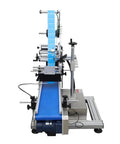 Straight Up Real Deal Fully Automatic Labeling Machine For Flat Surfaces With Touch Screen Control and Smart Auto Correction with blue conveyor.