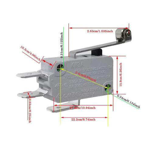 Six Pack KW3A SPDT Momentary Micro Limit Switch with Long Hinge Roller Lever Arm dimensions view