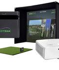 All In One Home Golf Simulator Studio With ST MAX Launch Monitor, Sturdy Enclosure, Impact Screen, 5x5 Hitting Mat, ZW350ST Short Throw Projector, Trial Software Included For Realistic Indoor Golf Practice And Training kit with screen, launch monitor, mat, and projector.