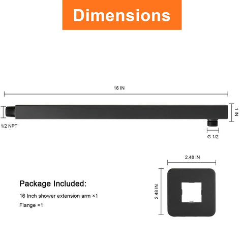 Dimensions of 16 Inch Matte Black Stainless Steel Shower Arm Extension With Flange And Teflon Tape, Rust Resistant Sleek Bathroom Upgrade
