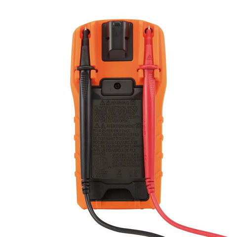 Back view of Digital Multimeter With Manual Ranging, featuring orange casing and test leads for everyday electrical troubleshooting.