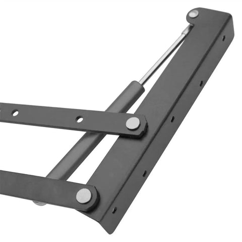 Close-up of Dope Lift Up Top Coffee Table Mechanism With Spring Assist Air Operated Convertible Desk Hardware Hinge Bracket