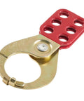Lockout Hasps With Interlocking Tabs Tempered Steel 1 Inch Diameter Six Hole Locking Bodies Red Vinyl Coated Bright Zinc Plated Riveted Construction For Disconnects Switches And Panel Boxes