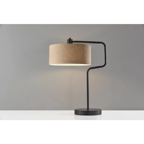 Jacob Table Lamp With Swing Arm, 24 To 25.5 Inch Tall, Antique Bronze Finish, 60W Socket, Natural Woven Drum Shade, Modern Farmhouse Vibe Lighting For Living Room Or Bedroom, One Small Lamp displayed on white surface with grey background.
