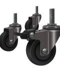 Four Piece Pack Of Heavy Duty Furniture Casters Featuring 1 Inch Silent Rubber Wheels Threaded Mounts Secure Brake close up view.
