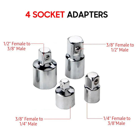 Ultimate 16-Inch Chrome Socket Extension Kit With 4 Adapters And 3 Universal Joints For 1/4 3/8 And 1/2 Inch Drive Auto Garage Repair Projects That Hit The Spot, 4 chrome socket adapters