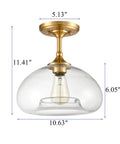 Modern Brass Semi Flush Mount Ceiling Light With Clear Glass Globe Farmhouse Gold Overhead Fixture 10.63 W x 11.41 H