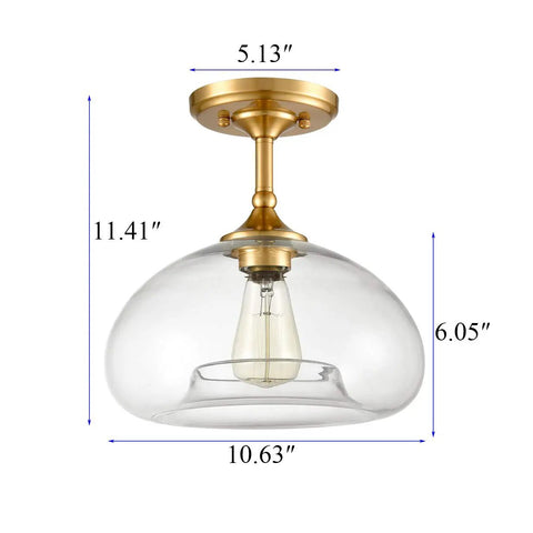 Modern Brass Semi Flush Mount Ceiling Light With Clear Glass Globe Farmhouse Gold Overhead Fixture 10.63 W x 11.41 H