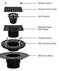 Exploded view of Matte Black 4 Inch Square Shower Drain With ABS Flange For 2 Or 3 Inch Pipe showing all components