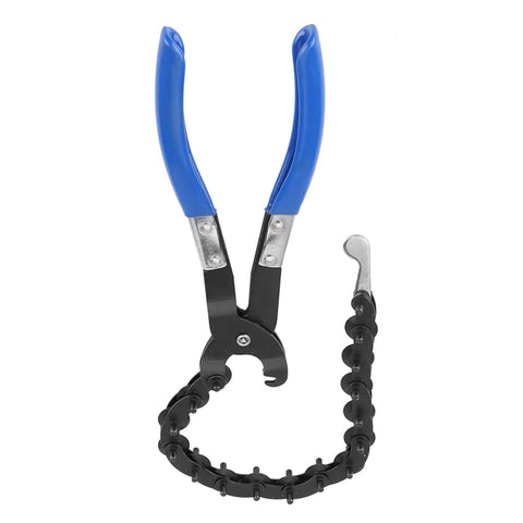 Universal Exhaust And Tail Pipe Cutter Tool With Fifteen Blades, Heavy Duty Carbon Steel, Cuts Three Quarter Inch To Three Inch Pipes In Just A Quarter Turn, Perfect For Quick Clean Cuts And Tough Auto Repair Jobs; blue-handled chain cutter