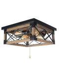 Farmhouse Flush Mount Cage Light With Adjustable Pull Chain, square wood rustic ceiling fixture in black metal industrial style.