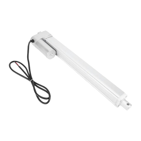 High Performance 12 Volt Linear Actuator With Heavy Duty 300mm Stroke And 330 Lb Load Capacity Featuring Waterproof I-P54 Build Plus Limit Switch For Electric Beds Sofas And Camera Stands, aluminum body and attached motor.