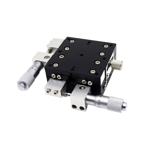 70 By 70 Millimeter Manual XY Sliding Table With Micrometer Displacement Platform For Dialed In Precision Positioning Built For Optical Experiments And Fine Tuning Dispensing LY70 R LY70 L LY70 C shown in black metal with micrometer dials