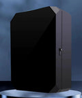 Locking EV Charger Weatherproof Enclosure With Mounting Post, black galvanized steel cabinet with lock, sleek design.