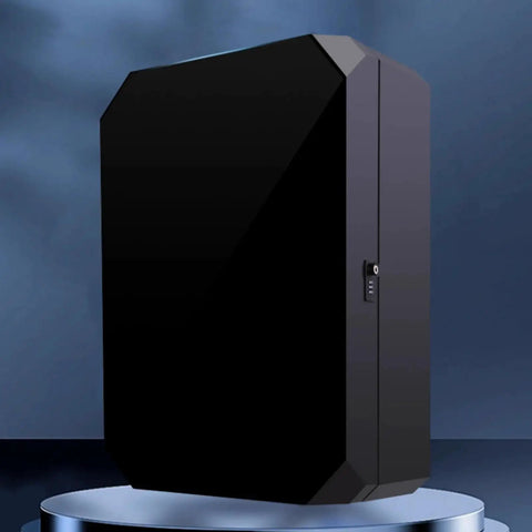 Locking EV Charger Weatherproof Enclosure With Mounting Post, black galvanized steel cabinet with lock, sleek design.