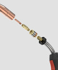 Exploded view of 15ft 250 Amp MIG Welding Gun Stinger Replacement For Miller M25 169598, showing copper components and nozzle
