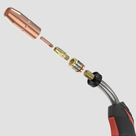 Exploded view of 15ft 250 Amp MIG Welding Gun Stinger Replacement For Miller M25 169598, showing copper components and nozzle