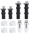 Universal Toilet Seat Bolt Replacement Kit In Stainless Steel Heavy Duty Gear with black and white fasteners for installation.