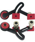 One Way Feeder Stock Guide With Anti Rebound Safety Push Block For Table Saws featuring heavy duty aluminum rollers and push blocks.