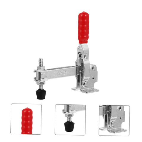 Two Pack Welding Toggle Clamps For Jig Fixtures, Quick Release Fixed Location Clamps, Durable Iron Construction For Welding And Woodworking Projects, Heavy Duty Workshop Grips, Perfect For Jig Setup shown front view with red handle and metal body.