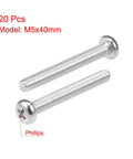 Heavy Duty M5x40mm Machine Screws With Phillips Cross Pan Head Premium 304 Stainless Steel Bolts For Woodworking And Mechanics Rock Solid 20 Pack Fasteners on a white background.
