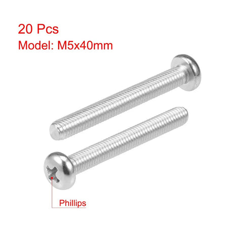 Heavy Duty M5x40mm Machine Screws With Phillips Cross Pan Head Premium 304 Stainless Steel Bolts For Woodworking And Mechanics Rock Solid 20 Pack Fasteners on a white background.