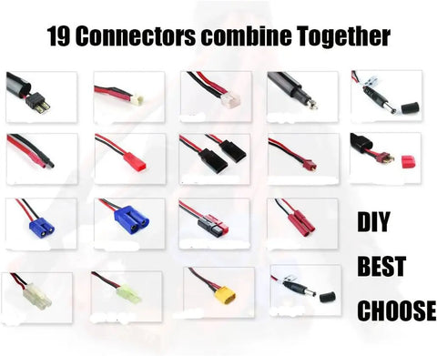 Do It All 19 In 1 Lipo Battery Charger Adapter Cable Banana Plug To JST T Plug XT60 EC3 EC5 HXT connectors display