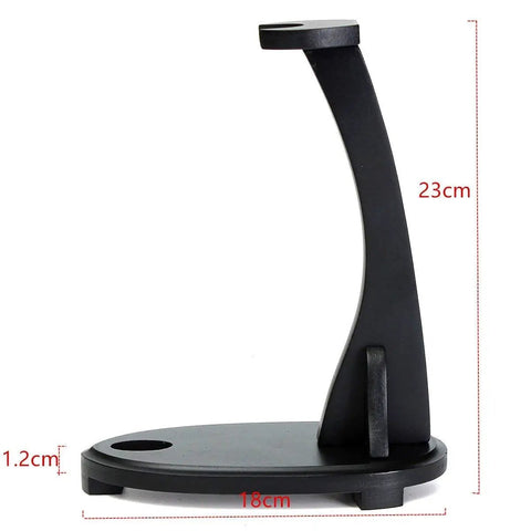 Vertical Sword Stand For Samurai Katana And Wakizashi Display In All Black Wood Swan Shape Holder, dimensions visible.