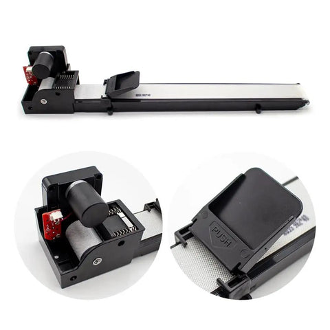 24V Tabletop Belt Conveyor for Mini Cargo Runs with 504mm Belt, featuring push plate and automatic tensioning, close-up view.